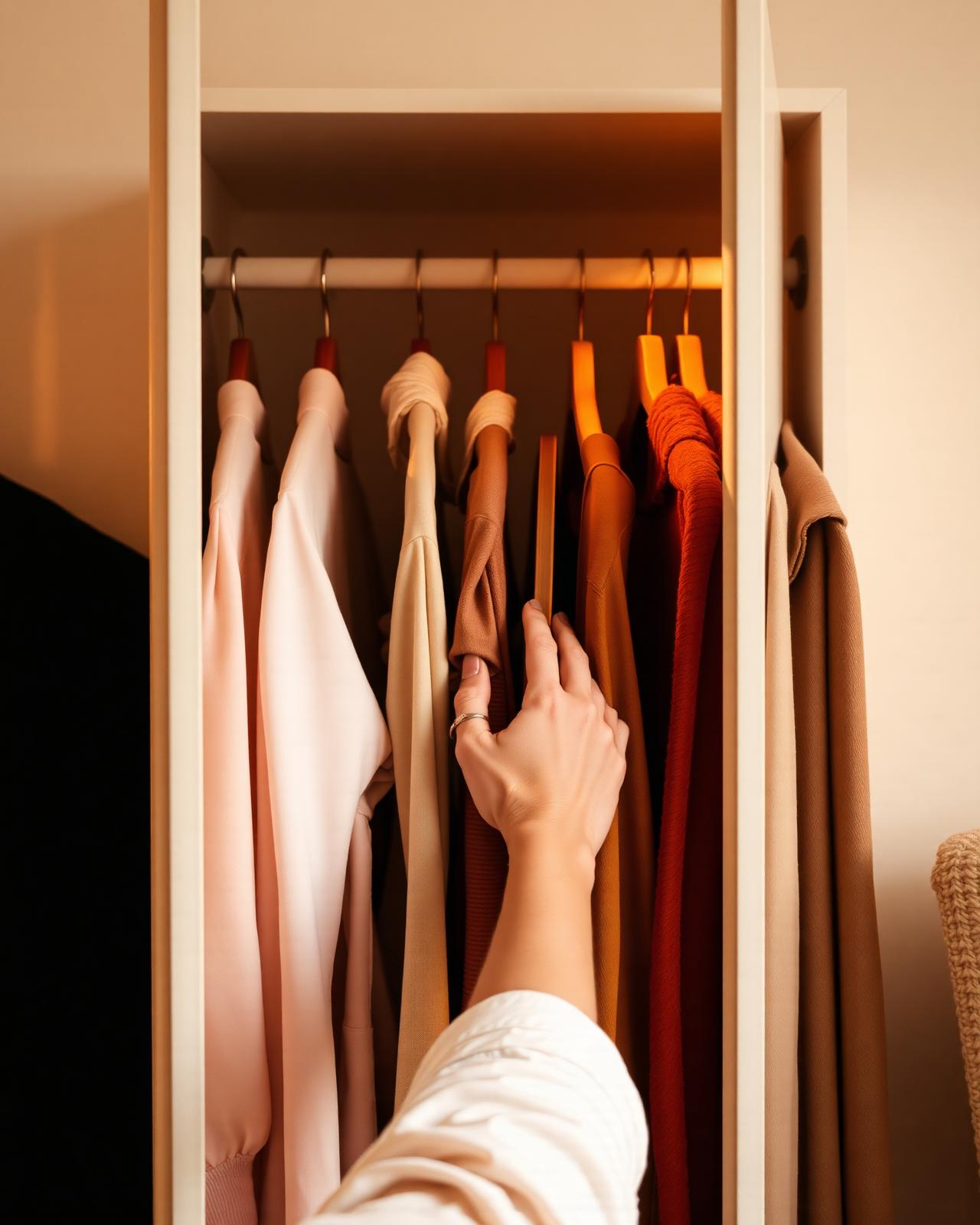 A warmly lit closet of blush, cream and terracotta pieces