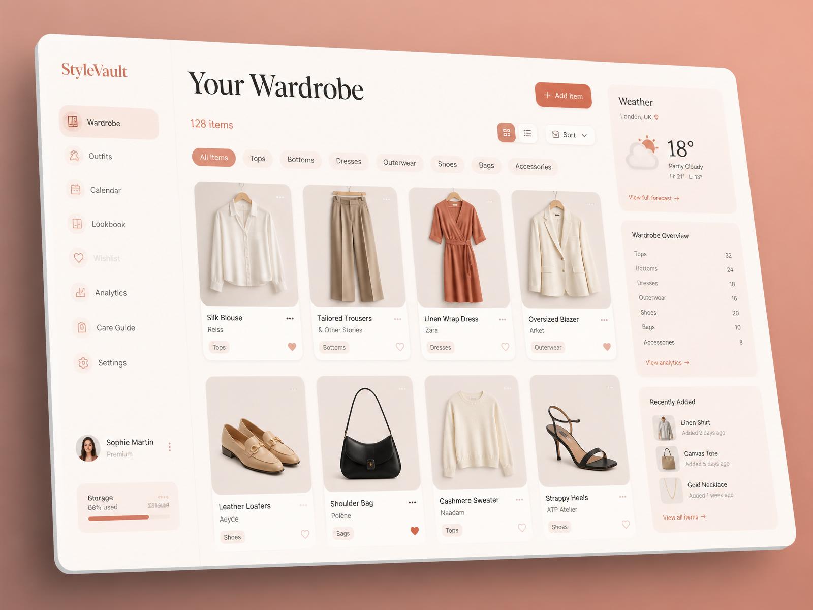 StyleVault application dashboard showing an organized digital wardrobe
